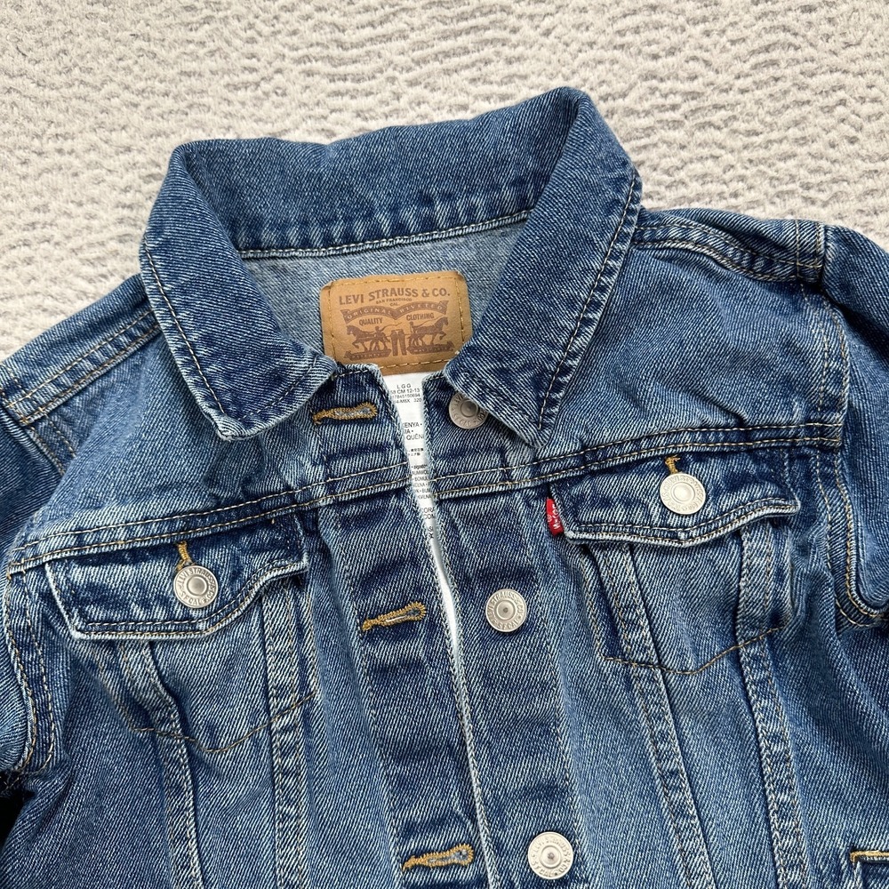 Levis Trucker Jacket Small Child Size Large Blue Denim Button Pockets - Picture 2 of 7